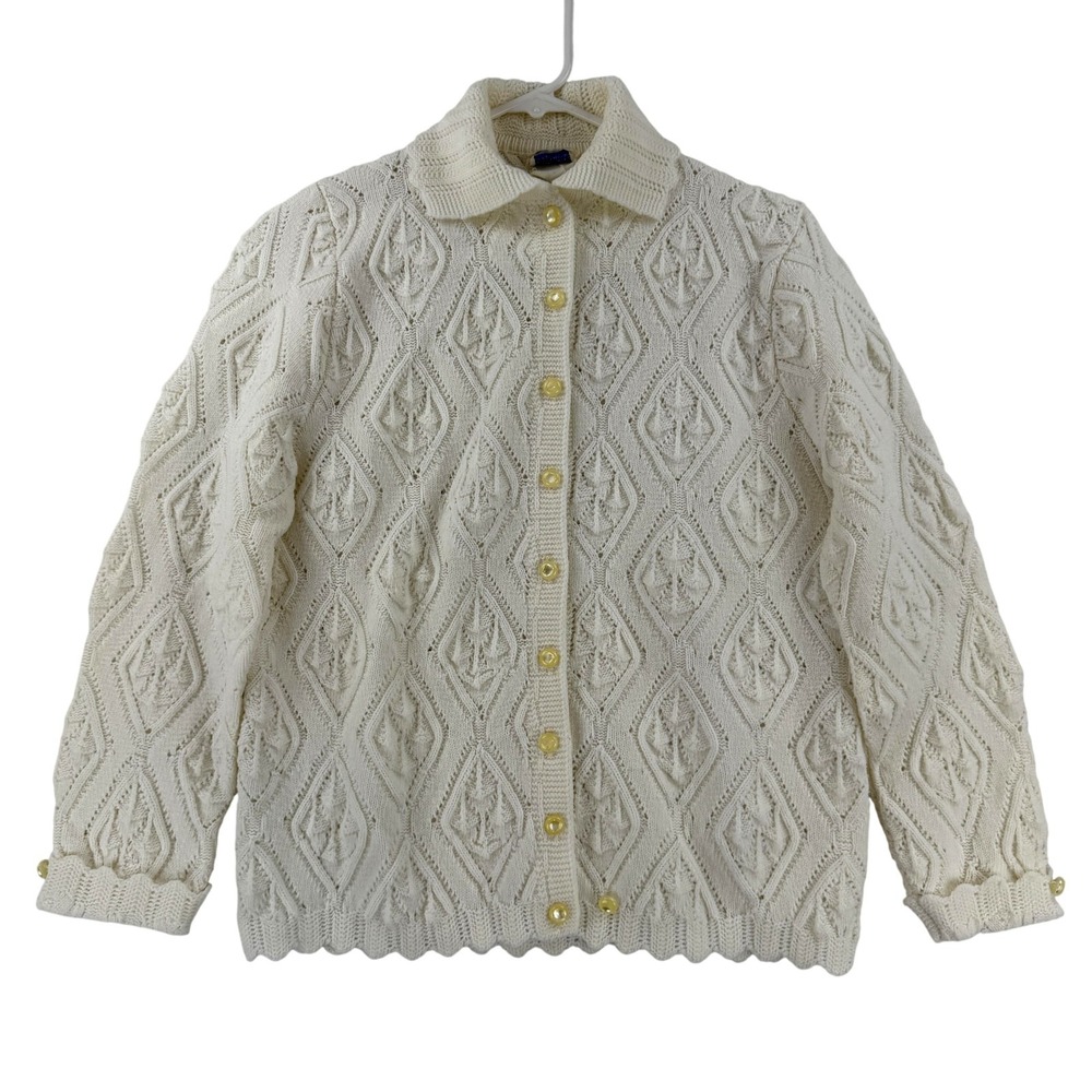 Vintage Wintuk Cardigan Sweater Womens S‎ Ivory Open Knit Collared Button 70s